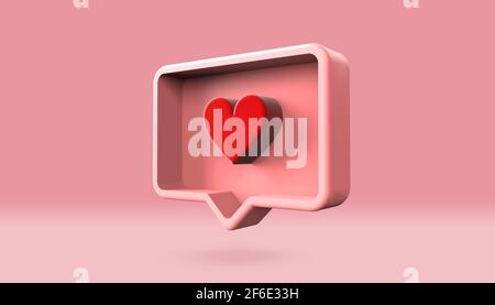 Illustration 3D de la notification des médias sociaux amour comme icône de coeur dans la broche de bulle de parole rose isolée sur la couleur rose pastel arrière-plan Banque D'Images