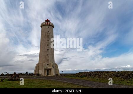 Akranes, Islande. 27 mai 2015. Le phare d'Akranes (Akranesviti) est situé à Akranes, dans la région de Vesturland, en Islande. Banque D'Images