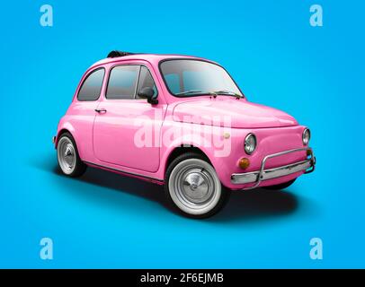 Mini voiture rose italienne classique isolée sur fond bleu Banque D'Images