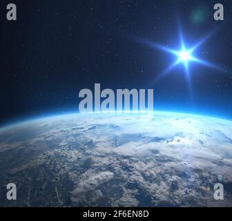 Terre, soleil et espace. Planète Terre et Soleil levant, vue de l'espace. Éléments de cette image fournis par la NASA. Banque D'Images