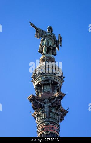Le monument de Columbus avec la statue de Christophe Colomb au sommet de La Rambla Barcelone Espagne Banque D'Images