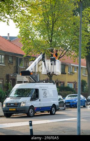 Haarlem Dutch Street avec minibus avec plateforme de haut niveau réparer le mât d'éclairage public dans un quartier calme Banque D'Images