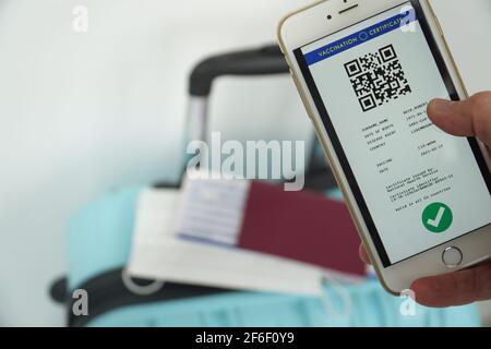 Le certificat vert numérique de l'UE avec le code QR sur l'écran d'un téléphone mobile tenu par une main pour voyager. Passeport de vaccination, vaccination c Banque D'Images