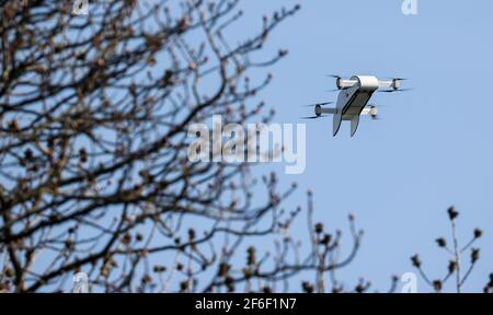 31 mars 2021, Saxe-Anhalt, Halle (Saale) : un drone pour le transport de médicaments survole le campus de Weinberg. Le même jour, un projet de distribution de médicaments par drone a été lancé à l'université de Halle. Avec l'application de drone de pharmacie 'ADApp', les initiateurs veulent tester un système de distribution de médicaments par drone dans des conditions réelles. Le projet vise à assurer la qualité de vie des personnes âgées et des personnes ayant besoin de soins. Entre autres, l'accent est mis sur les patients à mobilité limitée ou vivant dans des régions rurales. Photo: Jan Woitas/dpa-Zentralbild/dpa Banque D'Images