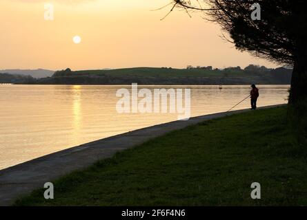 Homme solitaire canne et ligne de pêche depuis le bord de l'eau sur une matinée calme et ensoleillée avec le sable saharien suspendu santander Bay Cantabria Espagne Banque D'Images