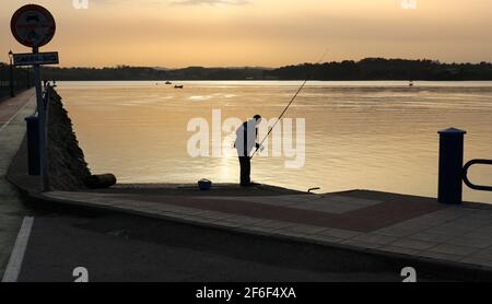 Homme solitaire canne et ligne de pêche depuis le bord de l'eau sur une matinée calme et ensoleillée avec le sable saharien suspendu santander Bay Cantabria Espagne Banque D'Images