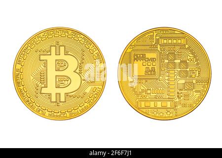 Double face Bitcoin isolé Banque D'Images