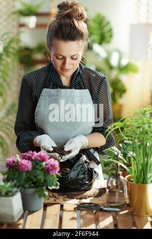 Jardinage de maison de détente. Fleuriste moderne en gants de caoutchouc blanc avec plante en pot et sol à la maison moderne en journée ensoleillée. Banque D'Images