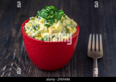 Salade saine de poireaux sauvages verts, œuf poché et crème sure dans un bol rouge, gros plan. Salade d'ail sauvage avec œufs durs Banque D'Images