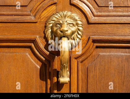 Porte en métal à tête de lion ornée poignée de porte bouton Knocker vue avant sur porte en bois à Sofia, Bulgarie, Europe de l'est, Balkans Banque D'Images