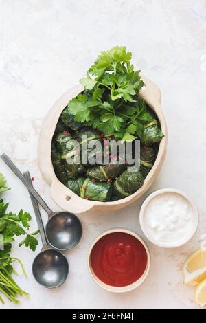 Rouleaux de printemps de bettes avec sauces au poivre rouge et au yaourt, servis dans un plat traditionnel de crock, prêts à manger. Vue de dessus, espace vierge Banque D'Images