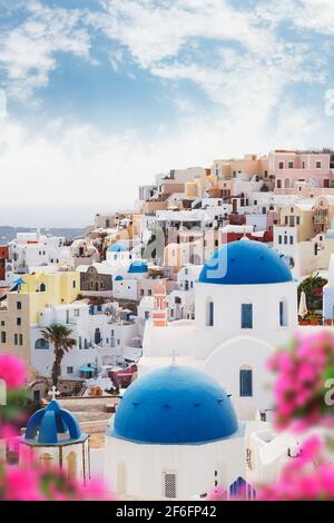 Dômes bleus Santorini avec fleurs en premier plan. Église orthodoxe grecque avec des dômes bleus dans le village d'Oia, Santorin, Grèce Banque D'Images