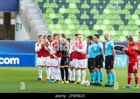 Szombathely, Hongrie. 31 mars 2021. Les joueurs du Danemark vus lors du match de l'UEFA EURO U-21 entre le Danemark et la Russie au stade Haladas à Szombathely. (Crédit photo : Gonzales photo/Alamy Live News Banque D'Images