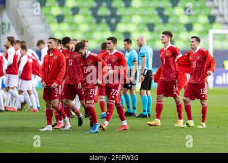 Szombathely, Hongrie. 31 mars 2021. Les joueurs de Russie vus lors du match de l'UEFA EURO U-21 entre le Danemark et la Russie au stade Haladas à Szombathely. (Crédit photo : Gonzales photo/Alamy Live News Banque D'Images