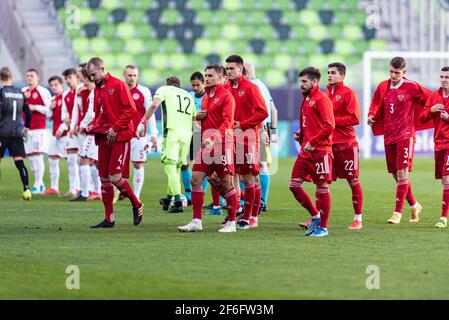 Szombathely, Hongrie. 31 mars 2021. Les joueurs de Russie vus lors du match de l'UEFA EURO U-21 entre le Danemark et la Russie au stade Haladas à Szombathely. (Crédit photo : Gonzales photo/Alamy Live News Banque D'Images