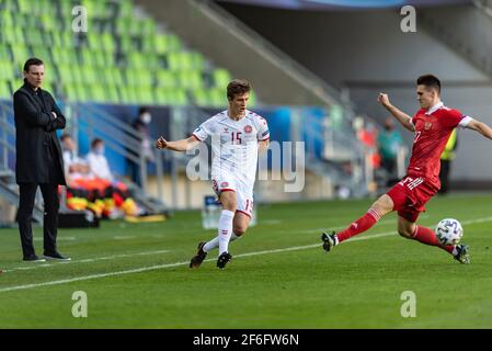 Szombathely, Hongrie. 31 mars 2021. Rasmus Carstensen (15) du Danemark vu lors du match de l'UEFA EURO U-21 entre le Danemark et la Russie au stade Haladas à Szombathely. (Crédit photo : Gonzales photo/Alamy Live News Banque D'Images