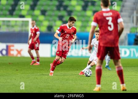 Szombathely, Hongrie. 31 mars 2021. Arsen Zakharyan (22) de Russie vu lors du match de l'UEFA EURO U-21 entre le Danemark et la Russie au stade Haladas à Szombathely. (Crédit photo : Gonzales photo/Alamy Live News Banque D'Images