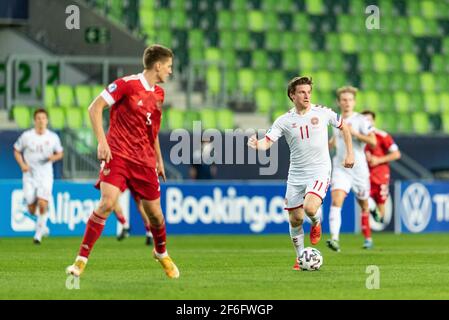 Szombathely, Hongrie. 31 mars 2021. Anders Dreyer (11) du Danemark vu lors du match de l'UEFA EURO U-21 entre le Danemark et la Russie au stade Haladas à Szombathely. (Crédit photo : Gonzales photo/Alamy Live News Banque D'Images