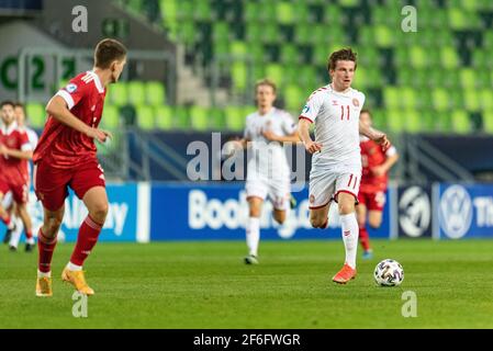 Szombathely, Hongrie. 31 mars 2021. Anders Dreyer (11) du Danemark vu lors du match de l'UEFA EURO U-21 entre le Danemark et la Russie au stade Haladas à Szombathely. (Crédit photo : Gonzales photo/Alamy Live News Banque D'Images