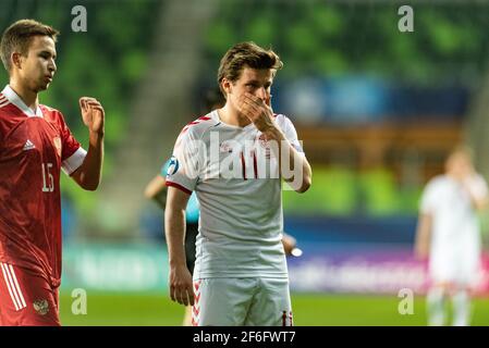 Szombathely, Hongrie. 31 mars 2021. Anders Dreyer (11) du Danemark vu lors du match de l'UEFA EURO U-21 entre le Danemark et la Russie au stade Haladas à Szombathely. (Crédit photo : Gonzales photo/Alamy Live News Banque D'Images