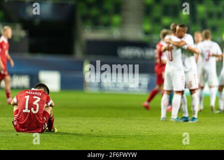 Szombathely, Hongrie. 31 mars 2021. Denis Makarov (13) de Russie vu après le match de l'UEFA EURO U-21 entre le Danemark et la Russie au stade Haladas à Szombathely. (Crédit photo : Gonzales photo/Alamy Live News Banque D'Images