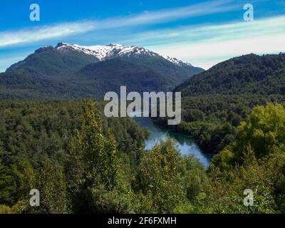 Rivière Rio Arrayanes entourée de forêt naturelle au parc national de Los Alerces, patagonie, Argentine Banque D'Images