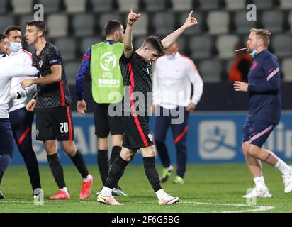 Luka Ivanusec en Croatie célèbre après le coup de sifflet final lors du match de l'UEFA European Under-21 Championship 21 au stade Bonifacika à Koper, en Slovénie. Date de la photo: Mercredi 31 mars 2021. Banque D'Images