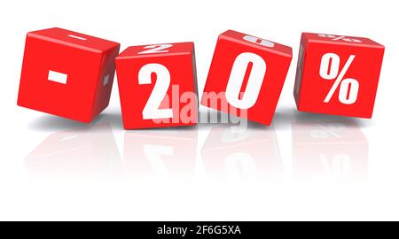20 % de réduction sur les cubes rouges sur fond blanc. image de rendu 3d Banque D'Images