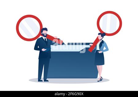 Vecteur d'un homme d'affaires et d'une femme d'affaires avec loupe dans les fichiers de recherche dans un dossier de données. Illustration de Vecteur