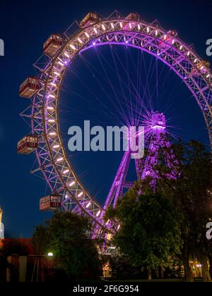 La roue du Prater Ferris : Riesenrad Wurstelprater après la tombée de la nuit : le célèbre parc de loisirs de Vienne, l'attraction la plus célèbre d'une immense roue antique de ferris juste après le coucher du soleil, éclairée par ses nombreuses lumières contre un ciel sombre. Banque D'Images