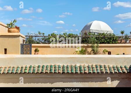 Jardin sur le toit-terrasse dans un riad marocain traditionnel Banque D'Images