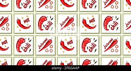 piment, piment super chaud. Poivrons chauds. Sans couture. Motif de cuisine. Motif de cuisson. Illustration de Vecteur