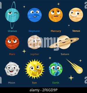 Mignon dessin animé système solaire planètes avec visages souriants, illustration de papier vectoriel coupé. Drôle d'espace emoji. Astronomie pour enfants. Illustration de Vecteur