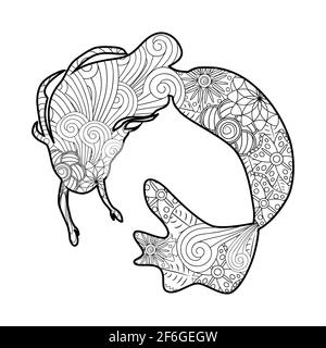 Belle sirène en style zentangle, queue de sirène à motifs, livre de coloriage anti stress pour adultes Illustration de Vecteur