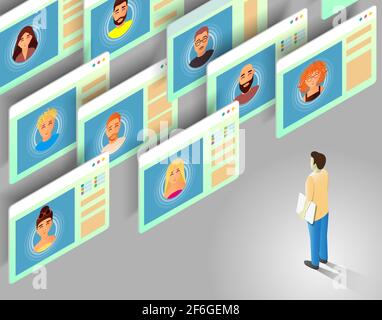 Vidéo conférence, communication en ligne, illustration isométrique à vecteur plat. Appel vidéo, discussion de groupe, webinaire. Illustration de Vecteur