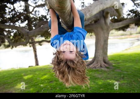 Petit garçon sur une branche d'arbre. Escalade et pendaison de l'enfant. Portrait d'un bel enfant dans le parc au milieu des arbres. Sport extrême pour les enfants. L'enfant monte un arbre Banque D'Images