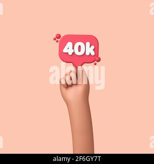 Main tenant une bannière de 40 000 abonnés aux médias sociaux. Rendu 3D Banque D'Images