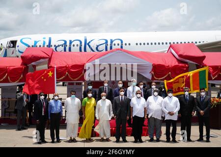 Colombo, Sri Lanka. 31 mars 2021. Le Président sri-lankais Gotabaya Rajapaksa (5e R, front ) assiste à la cérémonie de remise des vaccins Sinopharm COVID-19 à l'aéroport international de Bandaranaike à Colombo (Sri Lanka), le 31 mars 2021. Un lot de vaccins Sinopharm est arrivé mercredi au Sri Lanka en provenance de Chine dans le cadre d'un don du gouvernement chinois à la nation insulaire. Credit: Tang lu/Xinhua/Alay Live News Banque D'Images