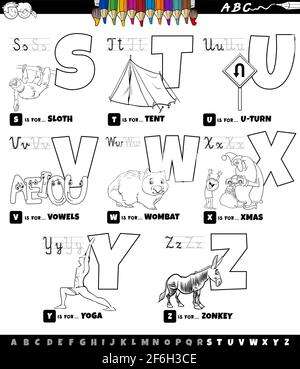 Dessin animé noir et blanc, lettres majuscules, alphabet éducatif set pour la pratique de lecture et d'écriture pour les enfants d'âge élémentaire De S t Illustration de Vecteur