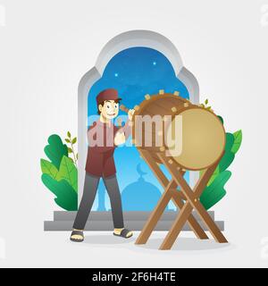 EID al fitr salue avec un garçon qui frappe un cérémonial tambour Illustration de Vecteur