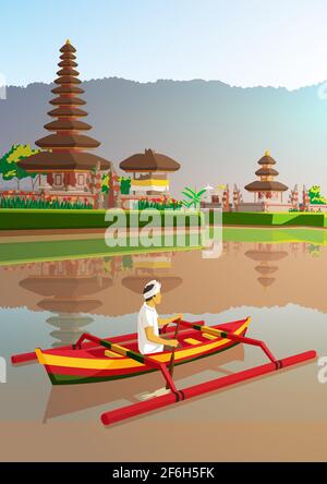 Le temple d'Ulun danu avec un homme balinais, promenade en bateau traditionnel à affiche de bali Indonésie Illustration de Vecteur