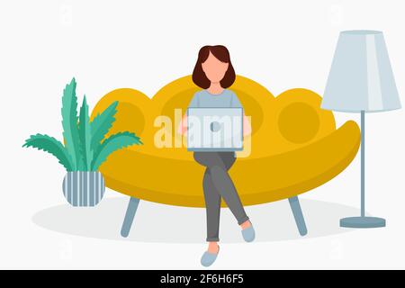 La fille est assise sur le canapé avec un ordinateur portable. La femme travaille à domicile, à distance ou en freelance. Freelance, processus éducatif. Vecteur, concept Illustration de Vecteur