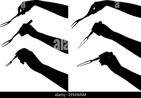 Jeu de mains avec différentes fourches à sculpter isolées sur blanc Illustration de Vecteur