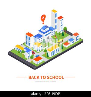 Retour à l'école - Illustration isométrique moderne et colorée avec espace de copie pour vos informations. Une composition avec un bâtiment éducatif sur un smartpho Illustration de Vecteur