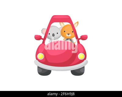 Joli petit koala et kangourou en voiture rouge. Personnage de dessin animé pour les enfants livre, album, douche de bébé, carte de voeux, invitation de fête, maison inter Illustration de Vecteur