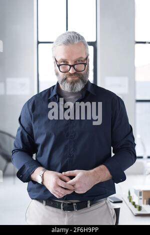 Portrait d'un homme d'affaires mûr barbu en lunettes regardant l'appareil photo au bureau Banque D'Images