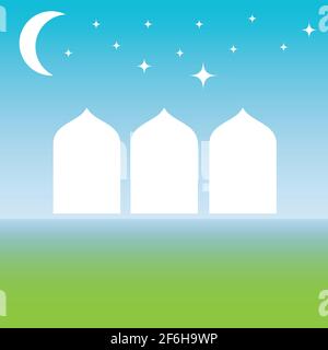 la silhouette de la mosquée au-dessus de la terre verte et sous l'image vectorielle du ciel bleu Illustration de Vecteur