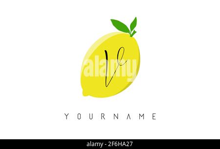 Logo en forme de lettre V manuscrite sur fond de citron. Illustration vectorielle créative avec citron et lettre V. Illustration de Vecteur