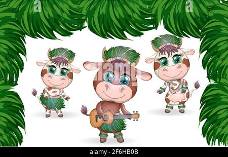 Nouvelle année tropicale 2021, célébration. Groupe de vaches et taureaux comme danseuses de hula avec guitares acoustiques ukulele, Hawaii. Illustration de Vecteur