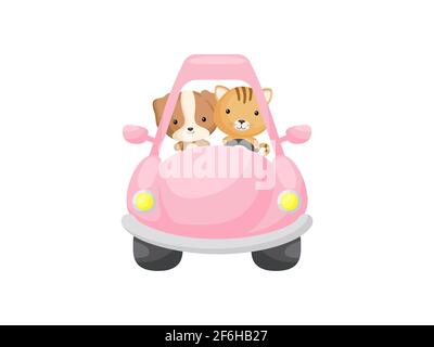 Adorable petit chien et chat conduisant une voiture rose. Personnage de dessin animé pour les enfants livre, album, douche de bébé, carte de voeux, invitation de fête, intérieur de la maison. V Illustration de Vecteur